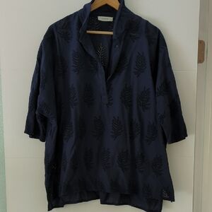 Couchel Navy Blue Leaf Eyelet Oversized Boho Relaxed Fit Dropped Shoulder Top